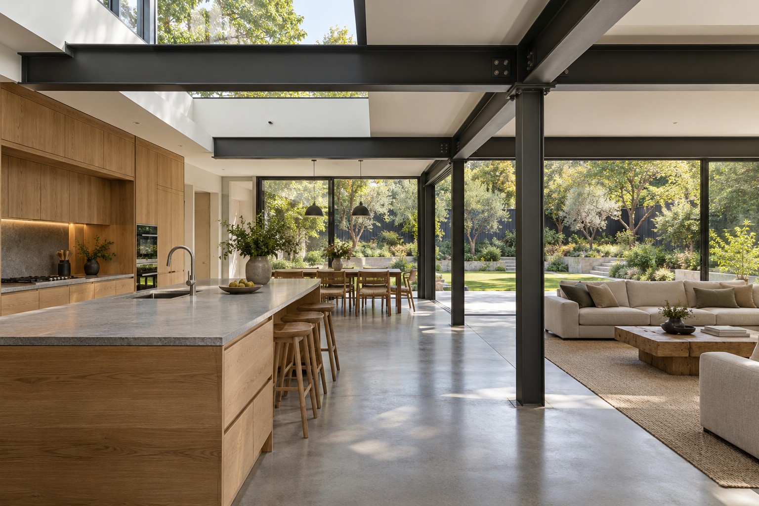 Open-plan interior with exposed structural steel — architectural concept